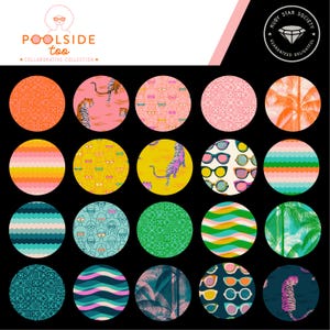 May include: A collection of colorful circular designs with various patterns, including tigers, sunglasses, and palm trees. The designs are set against a black background, with the words "Poolside Too" and "Collaborative Collection" at the top.