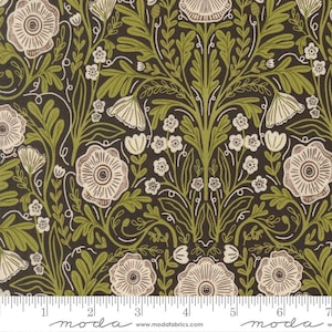 May include: Fabric with a repeating floral pattern. The design features large, cream-colored flowers with brown centers, surrounded by green leaves and white accents, set against a dark brown background. The fabric is suitable for various sewing projects.