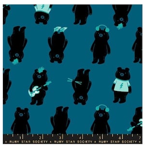 May include: A teal blue fabric with a repeating pattern of black bears playing music. The bears are wearing headphones, holding guitars, and playing drums. The text "The Band in Thunder" is at the top of the fabric.