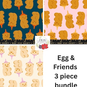 May include: A three-piece fabric bundle featuring repeating patterns of cartoon gummy bears and ice cream cones in shades of tan, orange, pink, and teal. The text "Egg & Friends" and "3 piece bundle" is also visible.