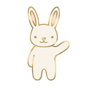 May include: A white bunny with gold outline, waving with its right paw. The bunny has pink ears and a small heart-shaped nose.