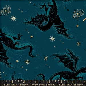 May include: Dark teal fabric with a repeating pattern of black dragons, stars, and moons. Gold starbursts and small stars are scattered across the background. The text "RUBY STAR SOCIETY" is printed along the bottom edge.