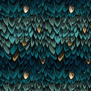May include: A detailed illustration of a repeating pattern of teal and dark blue scales, interspersed with gold accents. The design evokes a fantasy or mythical theme, with a textured, hand-drawn appearance. The scales overlap, creating a layered effect.
