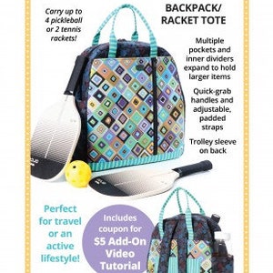 May include: A blue and green patterned tote bag with a zippered closure and adjustable straps. The bag is designed to carry sports equipment like tennis rackets or pickleball paddles. The text "Courtside BACKPACK/RACKET TOTE" is printed on the bag.