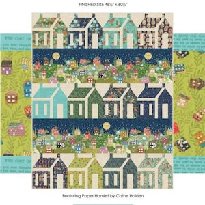 May include: A quilt pattern titled Paper Hamlet by Cathe Holden for Moda Fabrics. The design features rows of house blocks in various floral and patterned fabrics, separated by dark blue landscape strips. Finished size 48.5 inches by 60.5 inches.