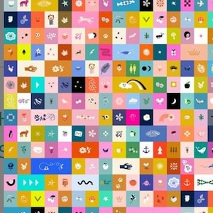 May include: A colorful, patterned design featuring a grid of squares, each with a unique illustration. The squares showcase various images, including animals, flowers, rainbows, and abstract shapes, in a vibrant palette of pink, blue, yellow, and green.
