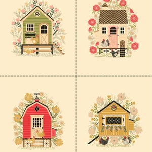 May include: Four illustrated panels featuring colorful chicken coops and barns surrounded by floral arrangements. The coops are in shades of green, pink, red, and yellow, each with chickens and decorative details.