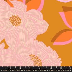 May include: A fabric with a floral pattern in shades of pink, orange, and brown. The flowers are stylized and have a retro feel. The fabric is perfect for quilting, sewing, and crafting.
