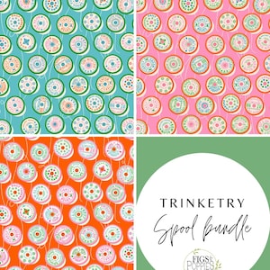 May include: A collection of fabric patterns featuring colorful spools of thread. The spools are arranged in a repeating pattern on backgrounds of teal, pink, and orange. The spools have various designs and text. The image also includes the text "TRINKETRY Spool bundle".