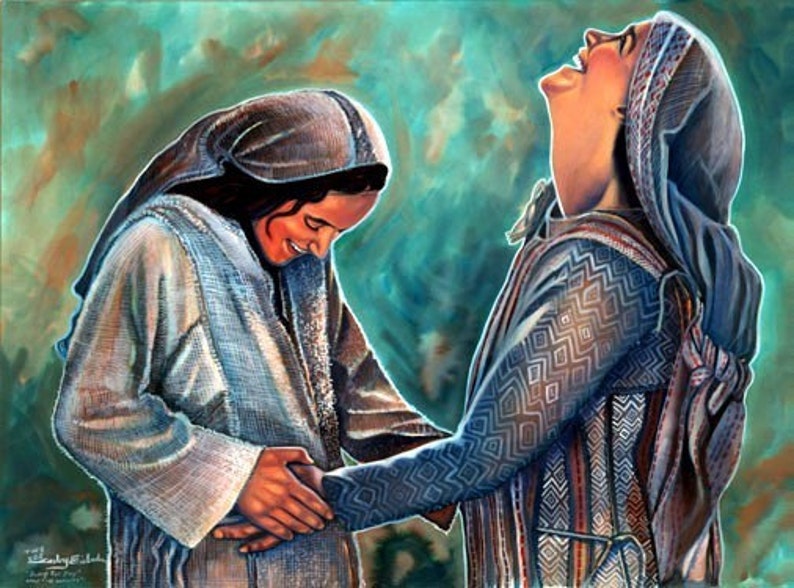 May include: A painting of two women, one with her hand on the other's stomach, both wearing traditional clothing. The woman on the right is laughing with her head tilted back. The painting is done in a realistic style with a soft, muted color palette.