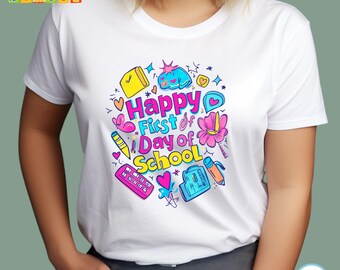 Happy First Day of School T-Shirt, Colorful School Supplies Tee