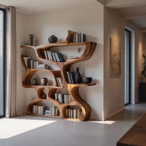 Moderne boekenkast met organisch gevormd design voor woonkamer of kantoor