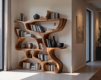 Estantería moderna con diseño orgánico tallado para sala de estar u oficina.