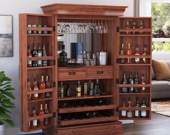 Melinda Solid Wood Bar Cabinet with Storage & Wine Rack