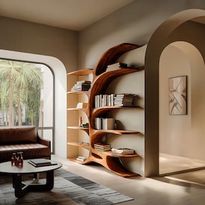 Hedendaagse, sculpturale, gebogen boekenkast voor het interieur van de woonkamer