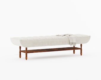 Jasper Boucle Upholstered Bedroom Bench with Turned Wood Legs & Slatted Shelf