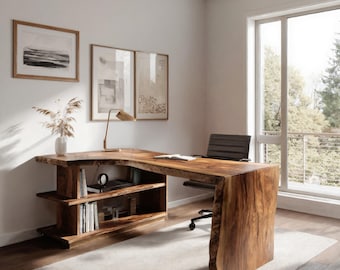 Modern L Shaped Desk With Bookshelf For Home Office