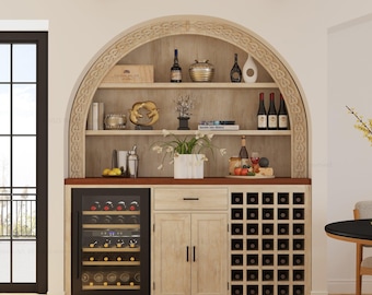Napa Arched Solid Wood Large Bar Cabinet with Open Shelves and Fridge Space
