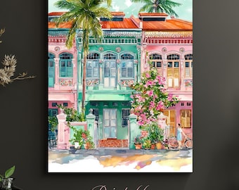 Singapore Peranakan Shophouse Print | Katong Watercolor Wall Art | Tropical Travel Poster | Southeast Asia Gift