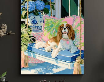 Cavalier King Charles Spaniel Print | Preppy Dog Wall Art | Chinoiserie Coastal Grandmillennial Decor