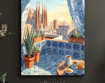 Barcelona Sagrada Familia Wall Art | Spanish Terrace Watercolor | Azulejo Tile Morning | Spain Travel Gift