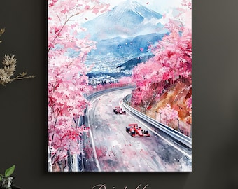 Japan Grand Prix F1 Print | Suzuka Cherry Blossom, Mount Fuji Watercolor Art (Digital Download)