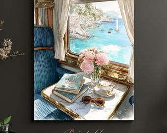 Luxury Train Window | Watercolor Mediterranean Coastal Print | Romantic Travel Gift | Peony Floral Poster