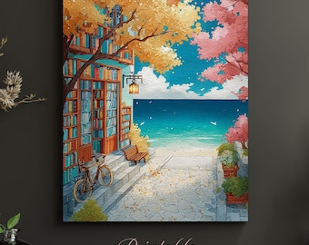 Cherry Blossom Bookshop Art Print | Coastal Library | Cottagecore Reading Nook Poster | Book Lover Gift