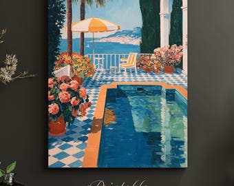 Amalfi Coast Terrace Art • Italian Poolside View Printable, Luxury Summer Decor (Digital Download)