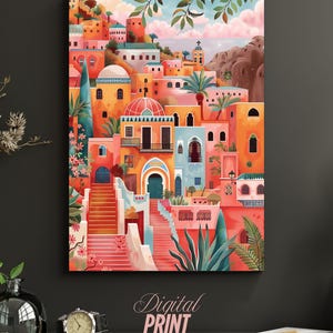 May include: A vibrant watercolor print of a Mediterranean village with colorful buildings, stairs, and lush greenery. The artwork features a variety of architectural styles and a warm color palette of oranges, pinks, and blues. The text "Digital Print" is at the bottom.