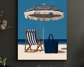 Coastal Navy Blue Beach Chair Art Print • Minimal Hamptons Summer Decor (Digital Download)