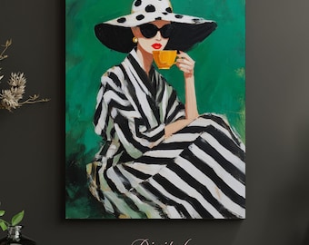 Chic Fashion • Woman in White and Black Striped Dress, Parisian Glam Decor (Digital Download)