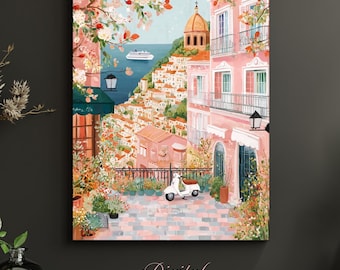 Positano Wall Art Printable • Pink Italian Village Coastal , Spring Home Decor  (Digital Download)