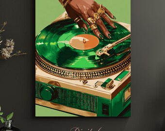 Vintage Retro Turntable Art Print • Green Vinyl Record, Mid-Century Modern (Digital Download)