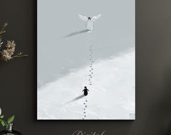 Lonely Penguin Footprints Art Print • Scandinavian Cloud Dancer Winter Decor (Digital Download)