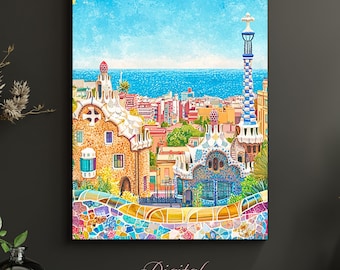 Barcelona Print Wall Art, Park Güell Gaudi Mosaic Poster, Mediterranean Cityscape