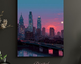 Art mural ligne d'horizon de Philadelphie | Paysage urbain coucher de soleil | Cadeau Philly pour elle | Décoration d'intérieur Pennsylvanie