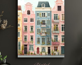 Colorful European Townhouse Print | Amsterdam Canal Houses Wall Art | Pastel Cityscape Poster | Cottagecore Architecture