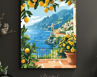 Lámina con diseño de limonero en la costa amalfitana: Vista desde el balcón de Positano, en el Mediterráneo, junto al mar italiano (descarga digital).