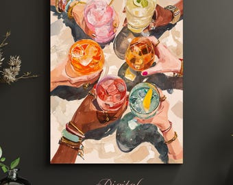Kolorowy nadruk na barek w stylu vintage z koktajlami: Kobieca, nowoczesna ilustracja do drinków (pobranie cyfrowe)