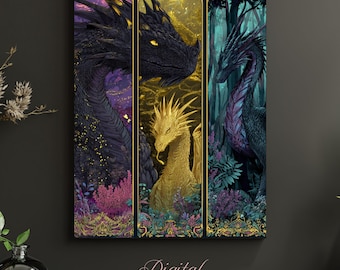 Gothic Dragon Triptych Print • Art Nouveau Fantasy Wall Art (Digital Download)