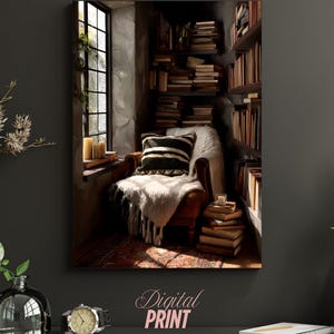 Przytulny kącik do czytania, wydruk, książki vintage, biblioteka (pobranie cyfrowe)