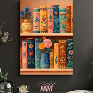 Floral Bookstack Art Print • Vintage Botanical Books Wall Decor, Feminine Bookshelf (Digital Download)