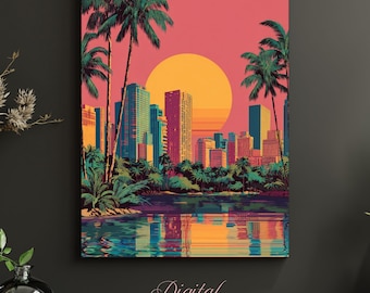 Retro Miami Sunset Art Print • Mid-Century Modern Tropical City (Digital Download)