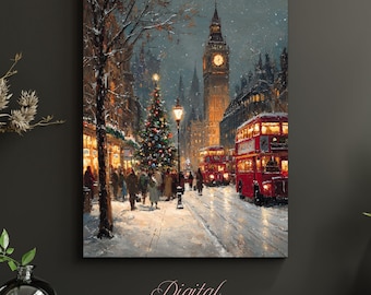 Stampa vintage di una strada di Londra / Big Ben, decorazioni natalizie, paesaggio urbano innevato (download digitale)