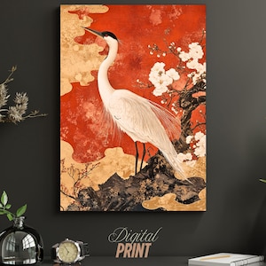 Thibaut Katsura Wand Kunst Druck | Chinoiserie Kranich Kunstwerk | Rot asiatische Dekor | Elegantes Vogel Poster | Digitaler Download, rot Home Decor