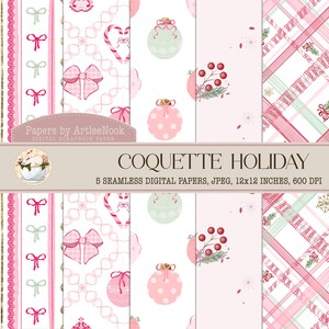 May include: A collection of five digital scrapbook papers with a holiday theme. The papers feature patterns of bows, ornaments, candy canes, and plaid in shades of pink, white, and green. The text "COQUETTE HOLIDAY" is displayed.