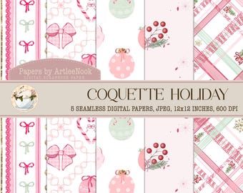 Coquette Christmas digitaal papier: Roze feestelijk naadloos patroon (digitale download)