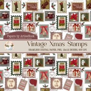 Może przedstawiać: Bezszwowy cyfrowy wzór papieru do scrapbookingu z zabytkowymi znaczkami bożonarodzeniowymi. Znaczki zawierają obrazy prezentów, kakao, ostrokrzewu i świątecznego tekstu. Paleta kolorów obejmuje czerwień, zieleń i brąz na białym tle.