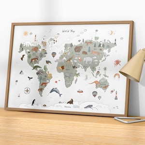 Bambini Mappa a tema animale Tela appesa Mappa della stanza dei bambini Mappa del mondo Arazzo Mappa del mondo con animali Casa Scuola Arte murale